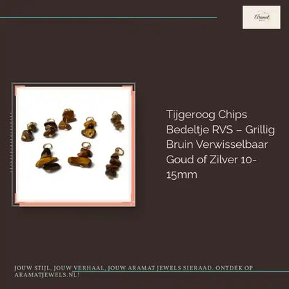 Tijgeroog Chips Bedeltje RVS &ndash; Grillig Bruin Verwisselbaar Goud of Zilver 10-15mm by@Outfy