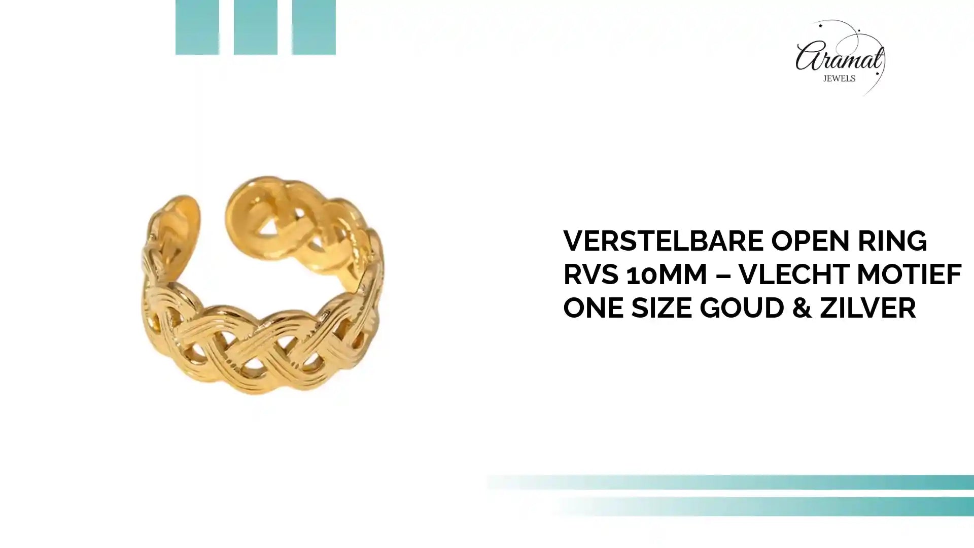 Verstelbare Open Ring RVS 10mm &ndash; Vlecht Motief One Size Goud &amp; Zilver by@Outfy