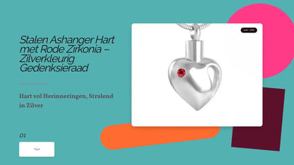 Stalen Ashanger Hart met Rode Zirkonia &ndash; Zilverkleurig Gedenksieraad by@Outfy