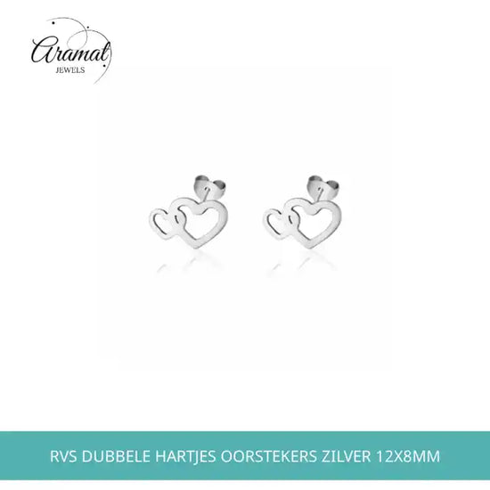 RVS Dubbele Hartjes Oorstekers Zilver 12x8mm by@Outfy