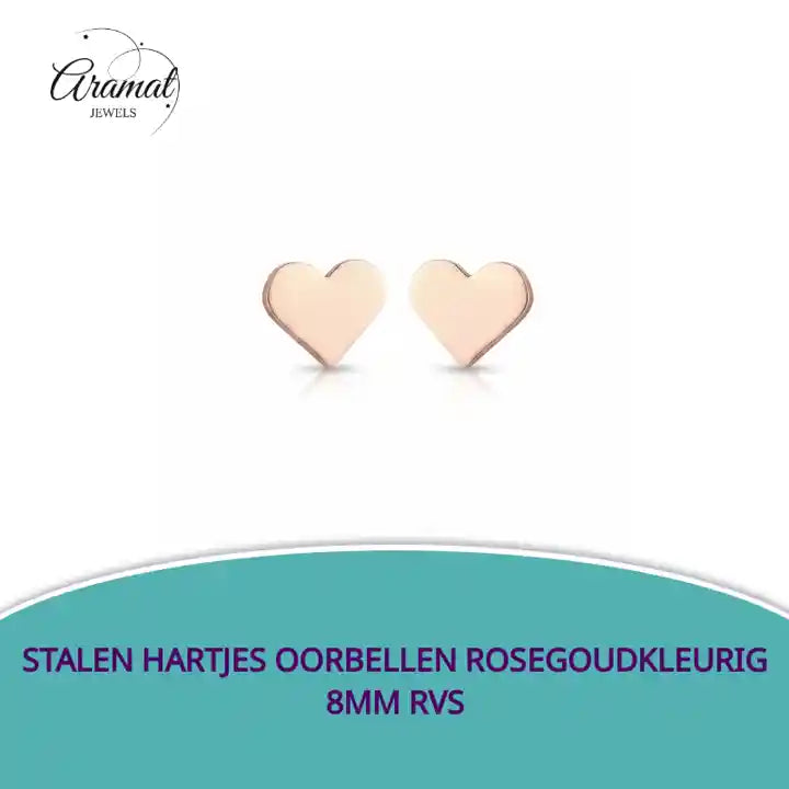 Stalen Hartjes Oorbellen Rosegoudkleurig 8mm RVS by@Outfy