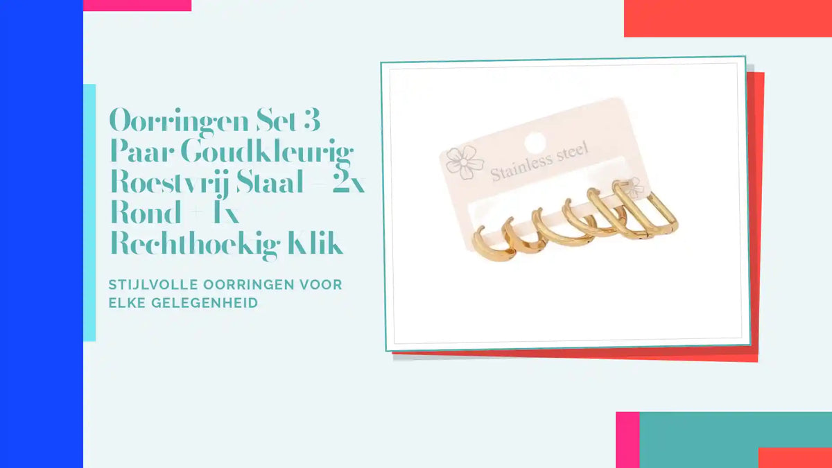 Oorringen Set 3 Paar Goudkleurig Roestvrij Staal &ndash; 2x Rond + 1x Rechthoekig Klik by@Outfy
