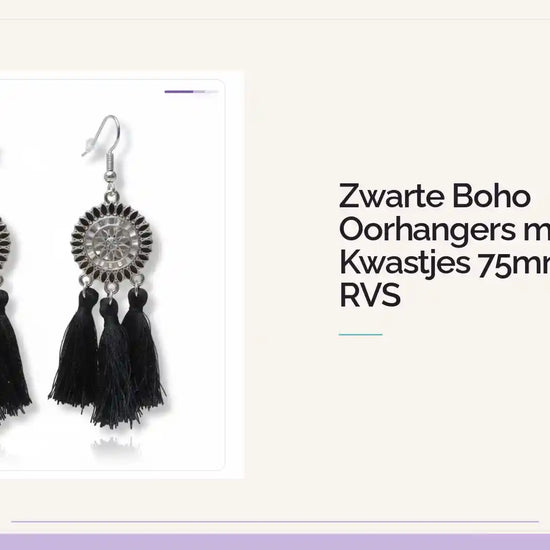 Zwarte Boho Oorhangers met Kwastjes 75mm &ndash; RVS by@Outfy