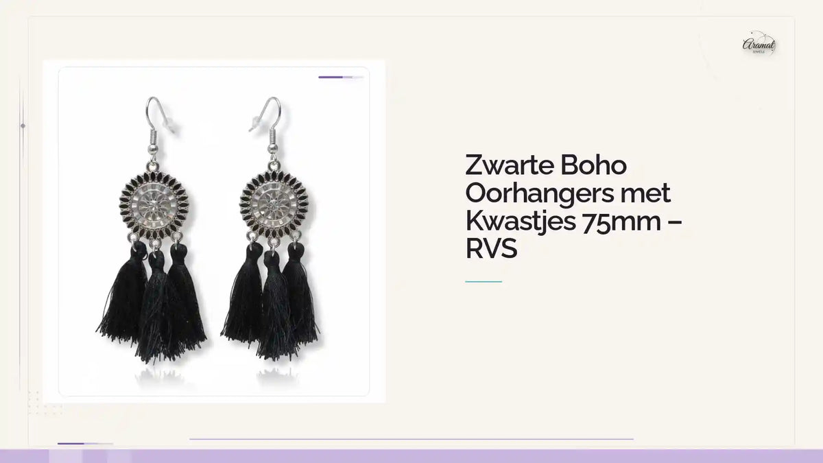Zwarte Boho Oorhangers met Kwastjes 75mm &ndash; RVS by@Outfy