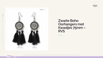Zwarte Boho Oorhangers met Kwastjes 75mm &ndash; RVS by@Outfy