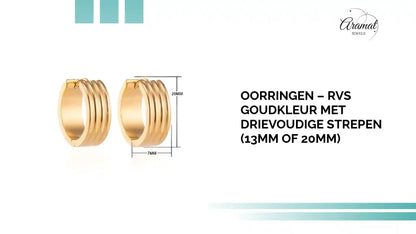 Oorringen &ndash; RVS Goudkleur met Drievoudige Strepen (13mm of 20mm) by@Outfy
