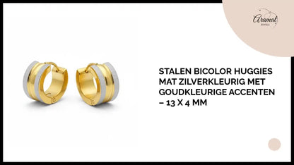 Stalen Bicolor Huggies Mat Zilverkleurig met Goudkleurige Accenten &ndash; 13 x 4 mm by@Outfy