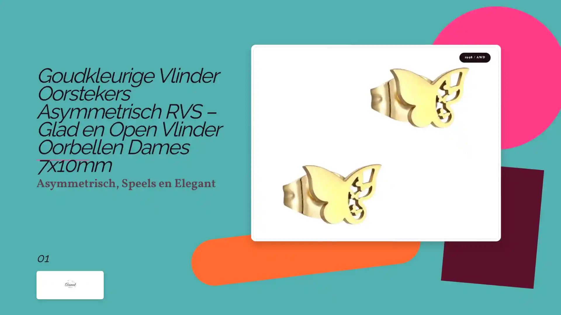Goudkleurige Vlinder Oorstekers Asymmetrisch RVS &ndash; Glad en Open Vlinder Oorbellen Dames 7x10mm by@Outfy