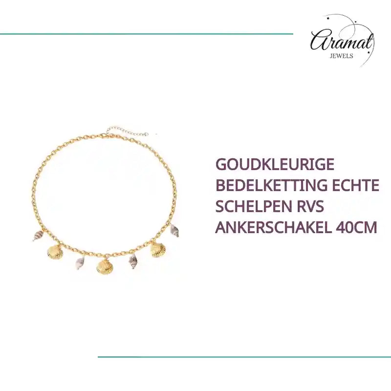 Goudkleurige Bedelketting Echte Schelpen RVS Ankerschakel 40cm by@Outfy