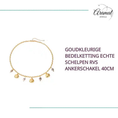 Goudkleurige Bedelketting Echte Schelpen RVS Ankerschakel 40cm by@Outfy