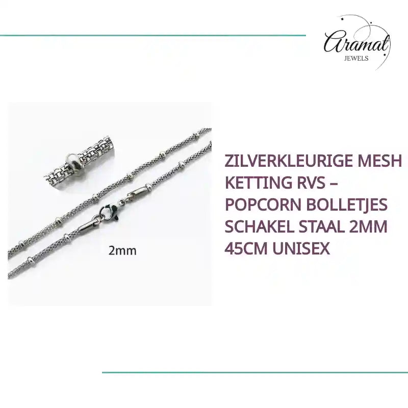 Zilverkleurige Mesh Ketting RVS &ndash; Popcorn Bolletjes Schakel Staal 2mm 45cm Unisex by@Outfy