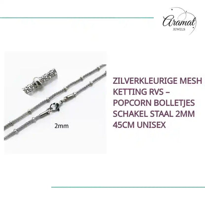 Zilverkleurige Mesh Ketting RVS &ndash; Popcorn Bolletjes Schakel Staal 2mm 45cm Unisex by@Outfy