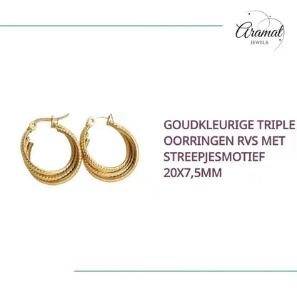 Goudkleurige Triple Oorringen RVS met Streepjesmotief 20x7,5mm by@Outfy