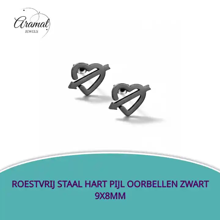 Roestvrij Staal Hart Pijl Oorbellen Zwart 9x8mm by@Outfy