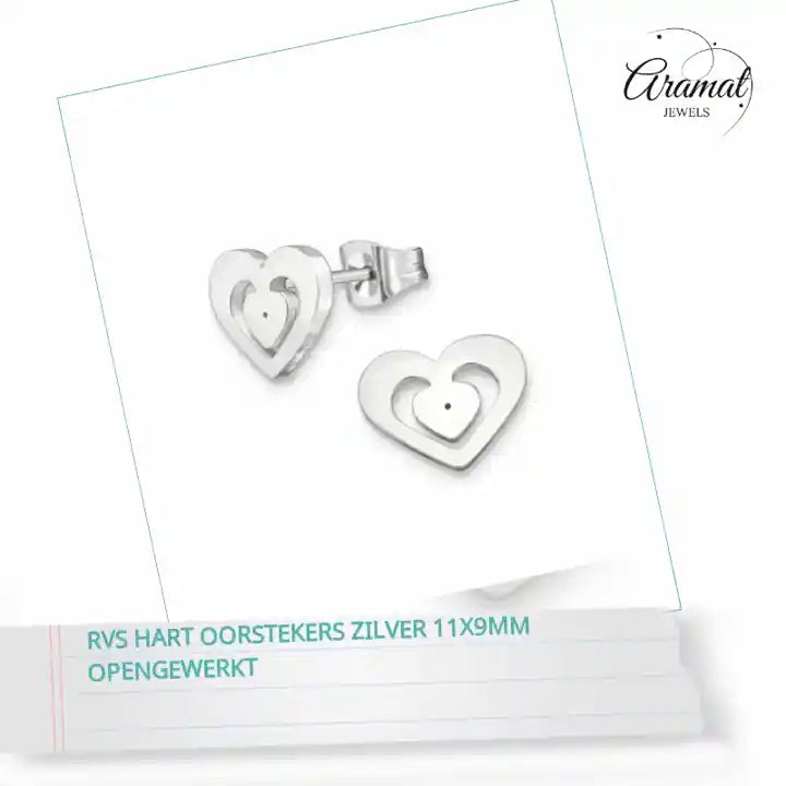 RVS Hart Oorstekers Zilver 11x9mm Opengewerkt by@Outfy