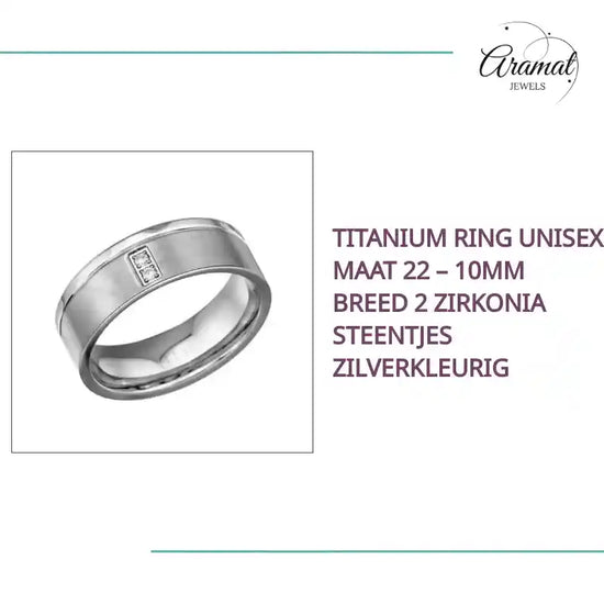 Titanium Ring Unisex Maat 22 &ndash; 10mm Breed 2 Zirkonia Steentjes Zilverkleurig by@Outfy