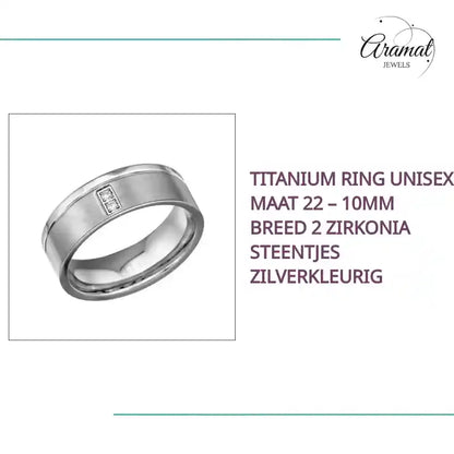 Titanium Ring Unisex Maat 22 &ndash; 10mm Breed 2 Zirkonia Steentjes Zilverkleurig by@Outfy