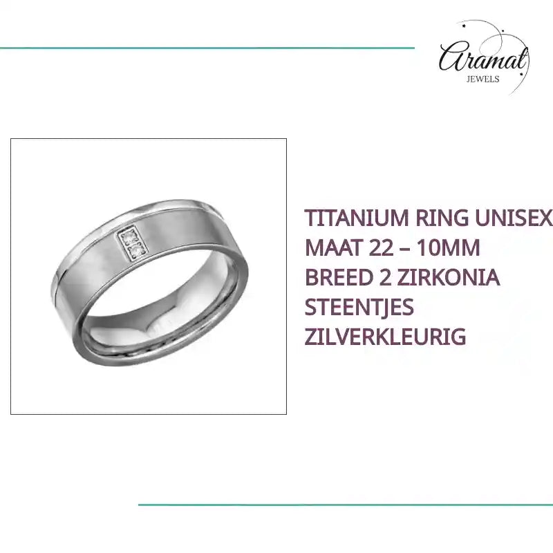 Titanium Ring Unisex Maat 22 &ndash; 10mm Breed 2 Zirkonia Steentjes Zilverkleurig by@Outfy