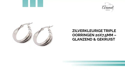 Zilverkleurige Triple Oorringen 20x7,5mm &ndash; Glanzend &amp; Gekruist by@Outfy