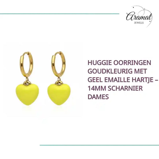 Huggie Oorringen Goudkleurig met Geel Emaille Hartje &ndash; 14mm Scharnier Dames by@Outfy