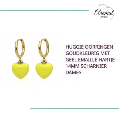 Huggie Oorringen Goudkleurig met Geel Emaille Hartje &ndash; 14mm Scharnier Dames by@Outfy