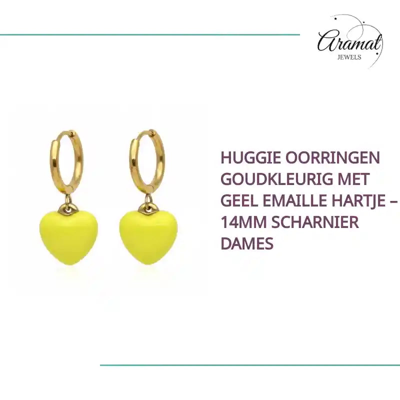 Huggie Oorringen Goudkleurig met Geel Emaille Hartje &ndash; 14mm Scharnier Dames by@Outfy