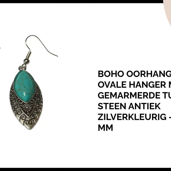 Boho Oorhangers Ovale Hanger met Gemarmerde Turquoise Steen Antiek Zilverkleurig &ndash; 53 x 15 mm by@Outfy