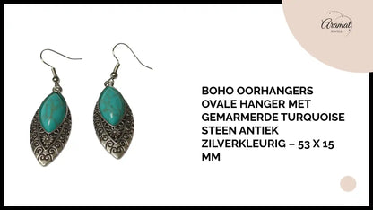 Boho Oorhangers Ovale Hanger met Gemarmerde Turquoise Steen Antiek Zilverkleurig &ndash; 53 x 15 mm by@Outfy