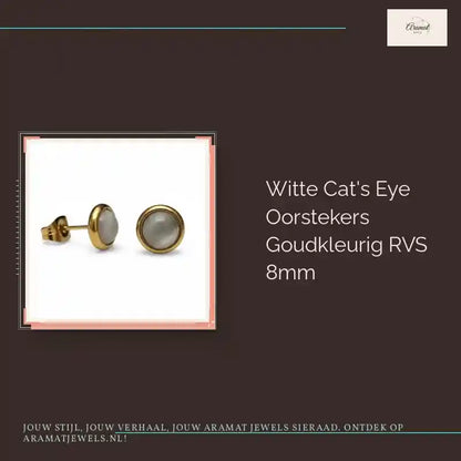 Witte Cat's Eye Oorstekers Goudkleurig RVS 8mm by@Outfy