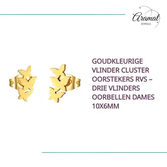Goudkleurige Vlinder Cluster Oorstekers RVS &ndash; Drie Vlinders Oorbellen Dames 10x6mm by@Outfy