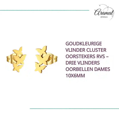 Goudkleurige Vlinder Cluster Oorstekers RVS &ndash; Drie Vlinders Oorbellen Dames 10x6mm by@Outfy