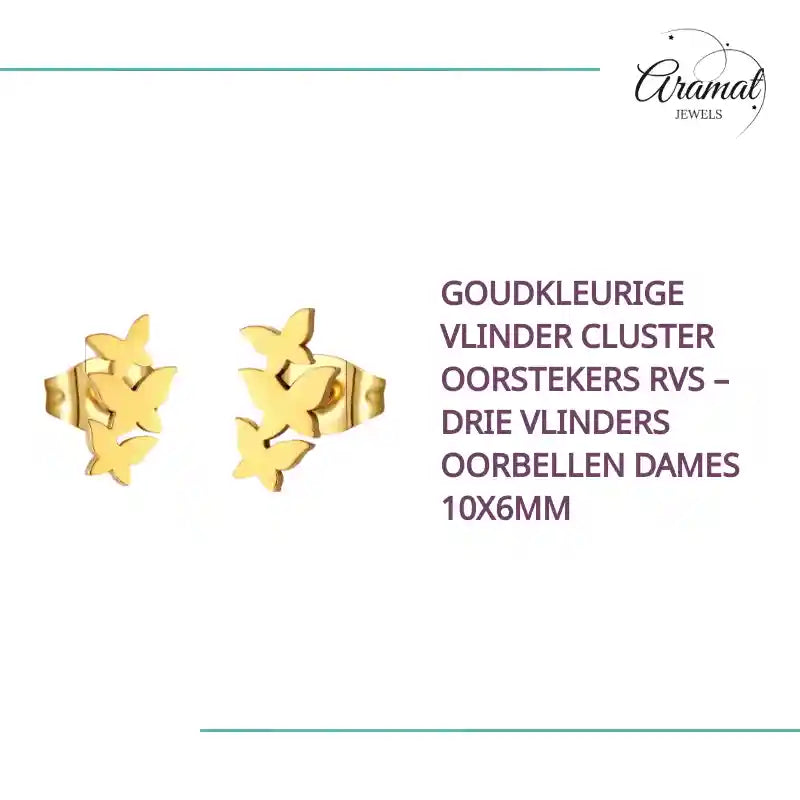 Goudkleurige Vlinder Cluster Oorstekers RVS &ndash; Drie Vlinders Oorbellen Dames 10x6mm by@Outfy