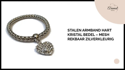 Stalen Armband Hart Kristal Bedel &ndash; Mesh Rekbaar Zilverkleurig by@Outfy
