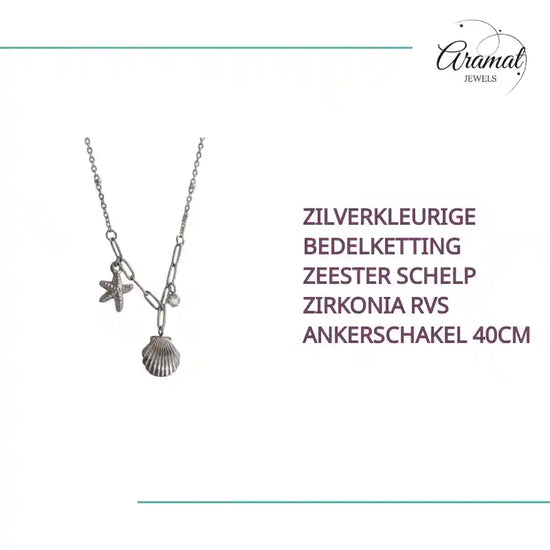 Zilverkleurige Bedelketting Zeester Schelp Zirkonia RVS Ankerschakel 40cm by@Outfy