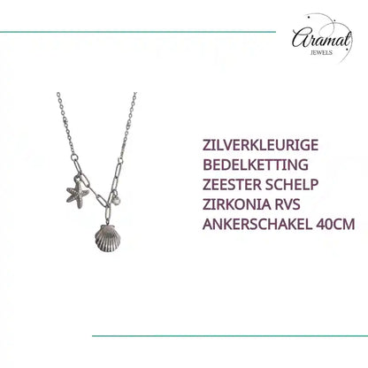 Zilverkleurige Bedelketting Zeester Schelp Zirkonia RVS Ankerschakel 40cm by@Outfy
