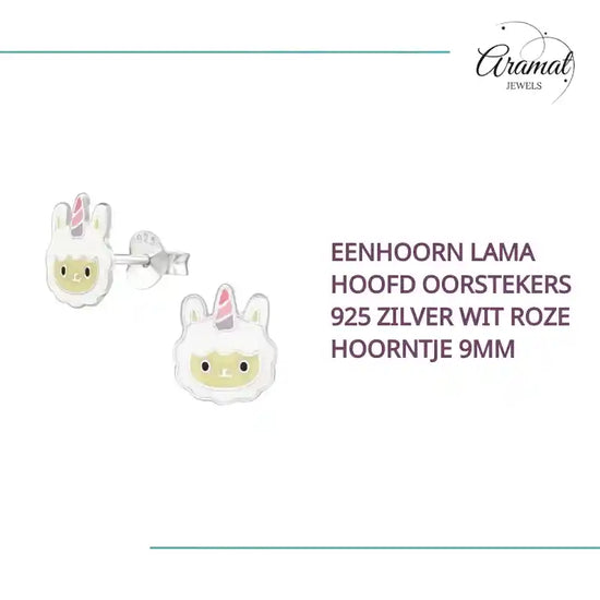 Eenhoorn Lama Hoofd Oorstekers 925 Zilver Wit Roze Hoorntje 9mm by@Outfy