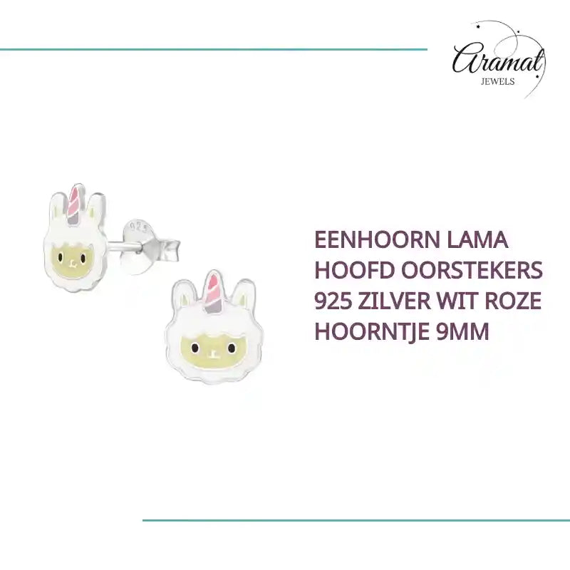 Eenhoorn Lama Hoofd Oorstekers 925 Zilver Wit Roze Hoorntje 9mm by@Outfy