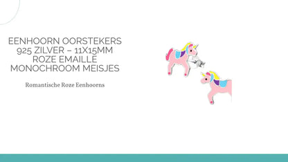 Eenhoorn Oorstekers 925 Zilver &ndash; 11x15mm Roze Emaille Monochroom Meisjes by@Outfy