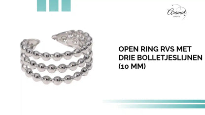 Open Ring RVS met Drie Bolletjeslijnen (10 mm) by@Outfy
