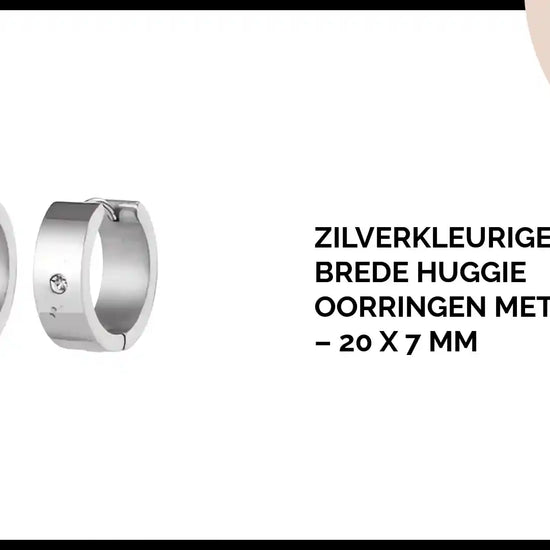 Zilverkleurige Stalen Brede Huggie Oorringen met 1 Kristal &ndash; 20 x 7 mm by@Outfy