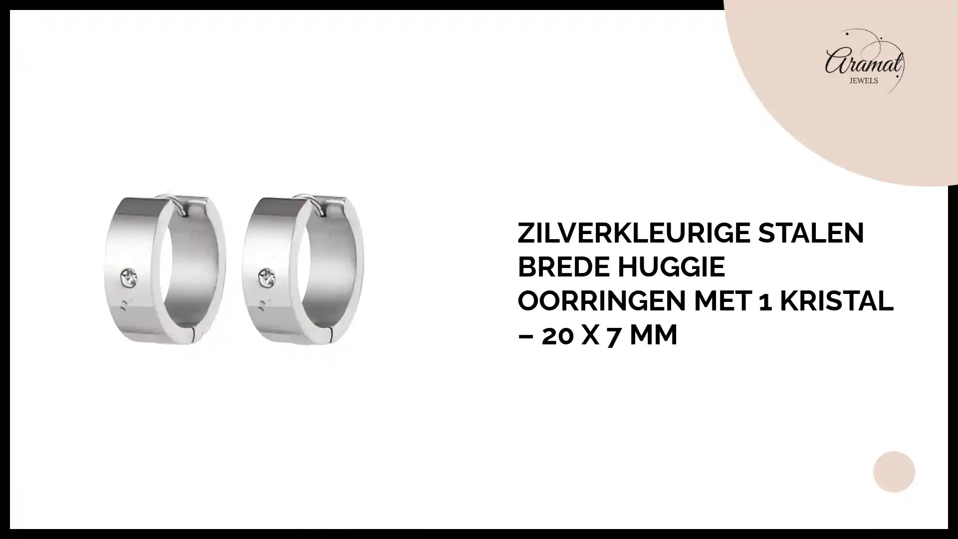Zilverkleurige Stalen Brede Huggie Oorringen met 1 Kristal &ndash; 20 x 7 mm by@Outfy