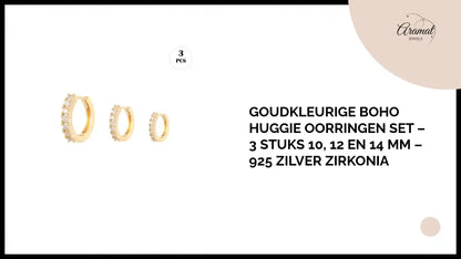 Goudkleurige Boho Huggie Oorringen Set &ndash; 3 Stuks 10, 12 en 14 mm &ndash; 925 Zilver Zirkonia by@Outfy
