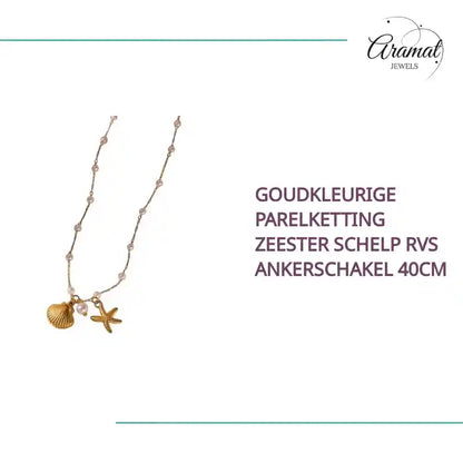 Goudkleurige Parelketting Zeester Schelp RVS Ankerschakel 40cm by@Outfy