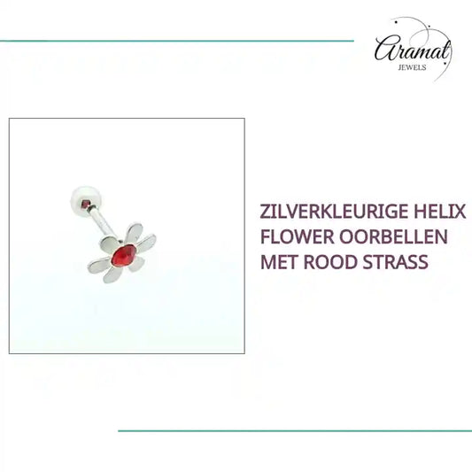 Zilverkleurige Helix Flower Oorbellen met Rood Strass by@Outfy