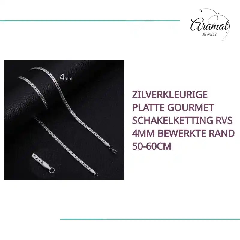 Zilverkleurige Platte Gourmet Schakelketting RVS 4mm Bewerkte Rand 50-60cm by@Outfy