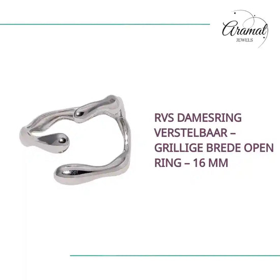 RVS Damesring Verstelbaar &ndash; Grillige Brede Open Ring &ndash; 16 mm by@Outfy