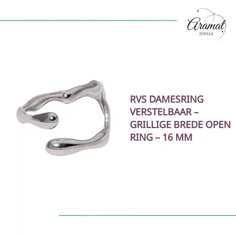 RVS Damesring Verstelbaar &ndash; Grillige Brede Open Ring &ndash; 16 mm by@Outfy