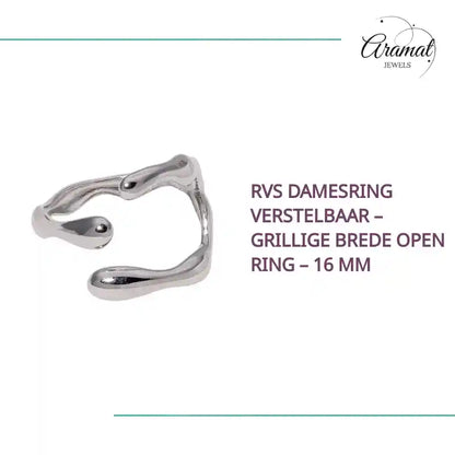 RVS Damesring Verstelbaar &ndash; Grillige Brede Open Ring &ndash; 16 mm by@Outfy