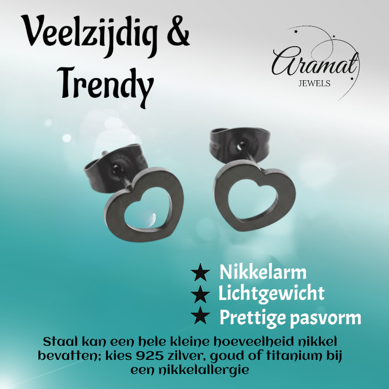 RVS Hartjes Oorbellen Zwart 9x8mm Open Stoer