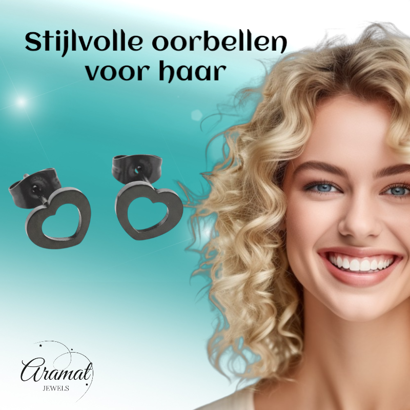 RVS Hartjes Oorbellen Zwart 9x8mm Open Stoer